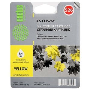 Картридж струйный Cactus CS-CLI526Y желтый для Canon Pixma iP4850/MG5250/MG5150/iX6550/MX88 (8.2мл)