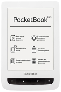 Электронная книга PocketBook 624 PB624-D-RU White 6" 600x800 E-Ink, сенсорный, microSDHC, TXT, fb2, MP3, JPEG, Wi-Fi