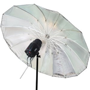Зонт студийный Fujimi FJFG-40BS параболический серебристый на отражение. Цвет: чёрный/серебро. Диаметр: 101 см. Материал: стекловолокно