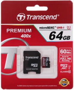 Карта памяти Transcend Premium microSDXC 64 Гб Class 10 UHS-I TS64GUSDU1 с переходником под SD