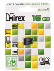 Кaрта памяти microSDHC 16Gb Mirex - Micro Secure Digital HC Class 10 13612-MC10SD16