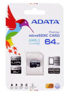 Карта памяти microSDXC 64Gb A-Data Premier Class 10 UHS-I AUSDX64GUICL10-RA1 с переходником под SD