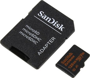 Карта памяти 128Gb - SanDisk Extreme microSDXC V30 A1 UHS-I U3 SDSQXAF-128G-GN6MA с переходником под SD