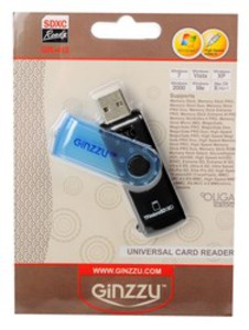 Картридер Ginzzu внешний, мультиформатный, USB 2.0, черный/синий (GR-412B)