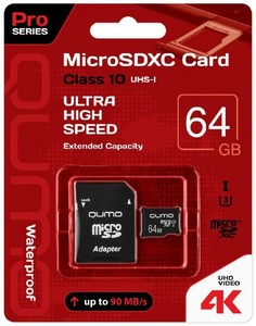 Карта памяти 64Gb microSDXC Qumo Pro Class 10 UHS-I U3 + адаптер (QM64GMICSDXC10U3)